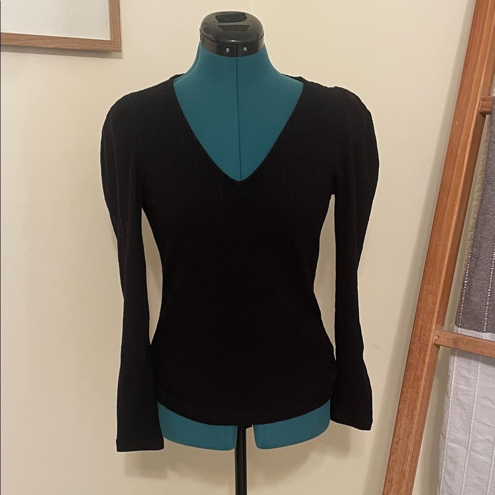 J. Crew Black Knit Ribbed Top Puff Shoulder